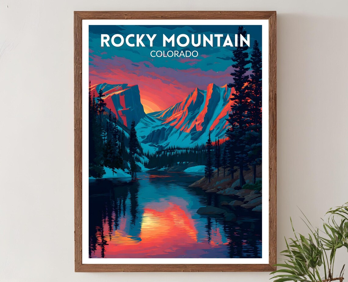 Rocky Mountain Colorado Alpine Lake Sunrise Neon Travel Art Poster