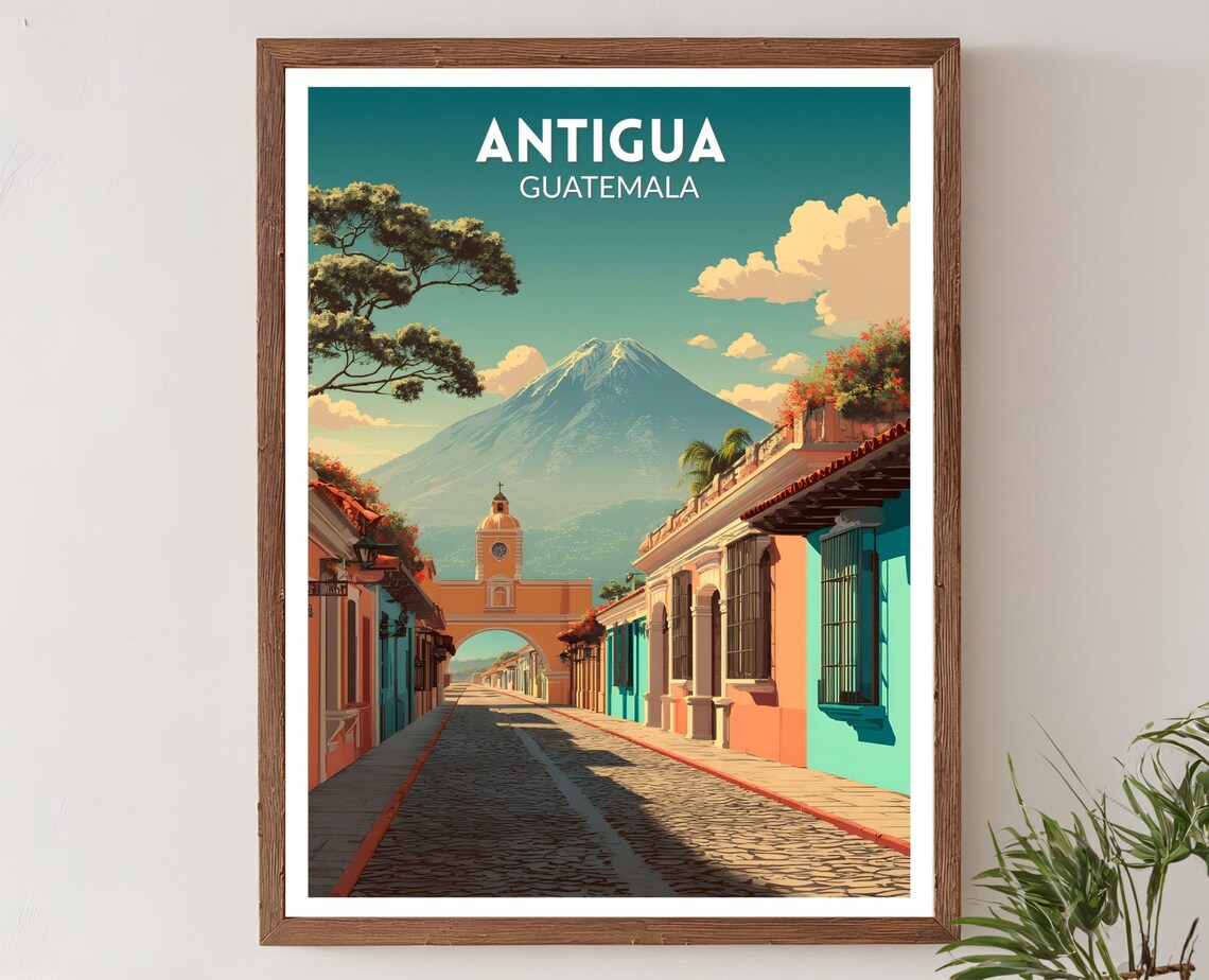 Antigua Guatemala Retro Travel Poster, Mid-Century Modern