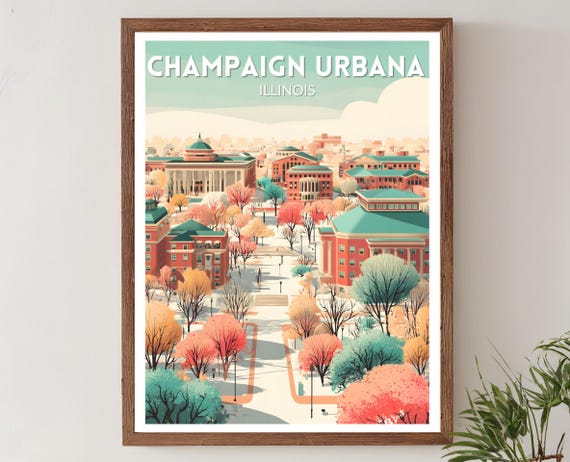 Champaign Urbana Retro Travel Poster, Mid-Century Cityscape