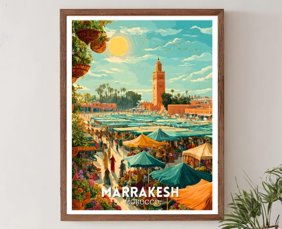 Marrakesh Travel Print Morocco Poster Vibrant Wall Art Jemaa El Fnaa Bold Graphic Artwork