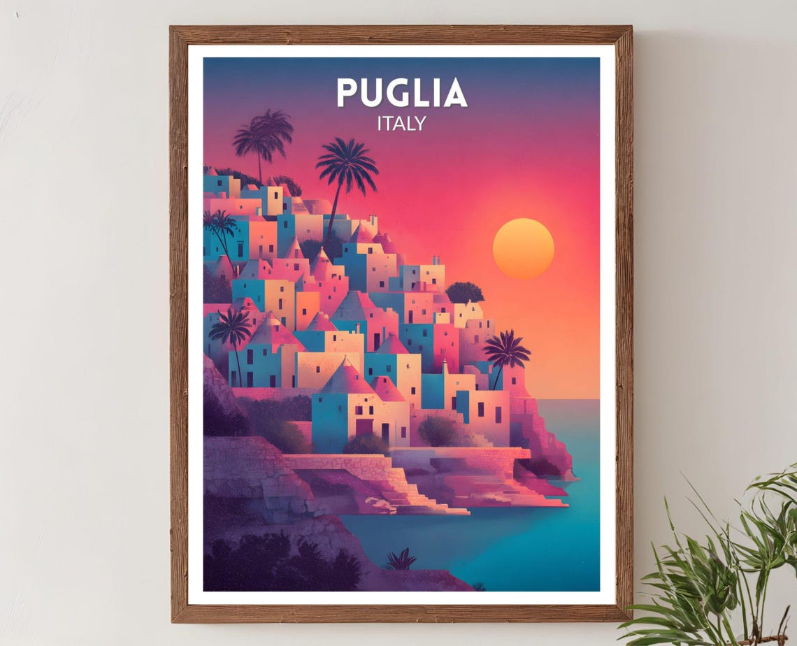 Puglia Italy Vibrant Travel Poster Retro Futuristic Coastal Sunset Art