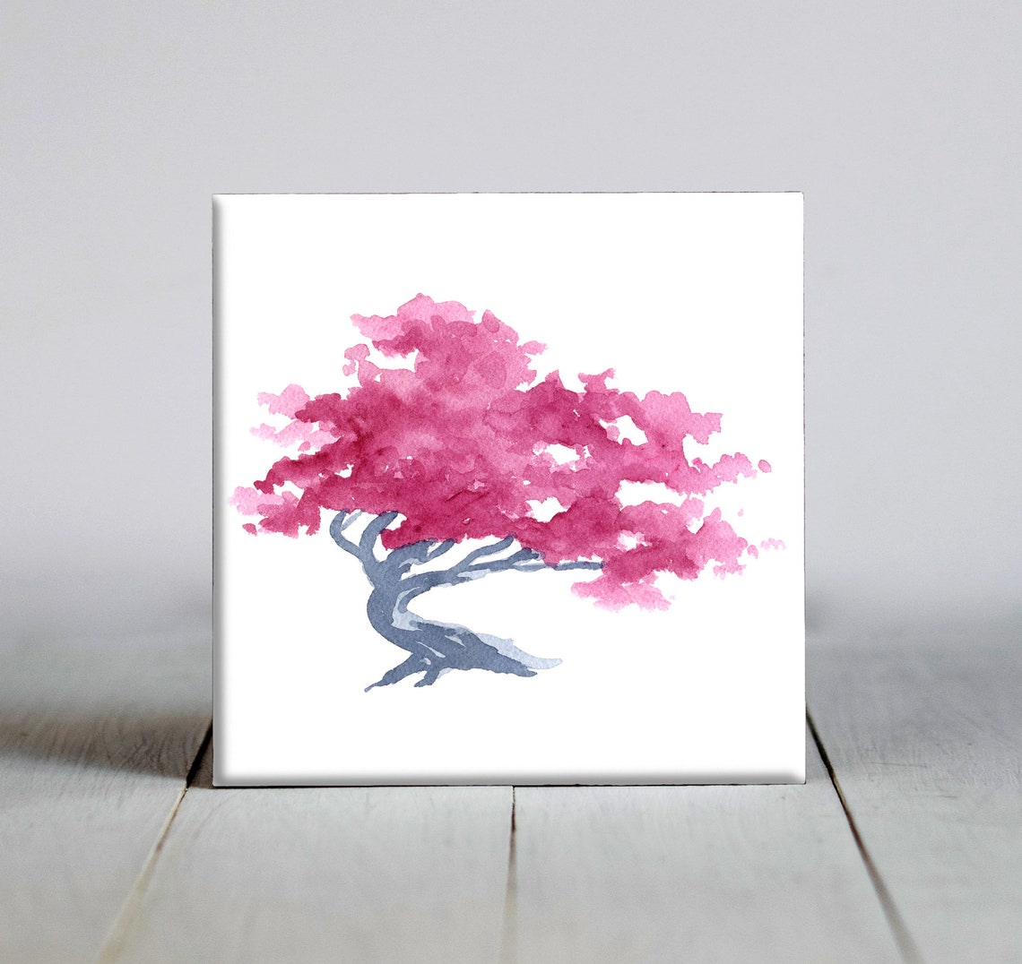 Windswept Pink Blossom Bonsai Tree Watercolor Botanical Tile Poster