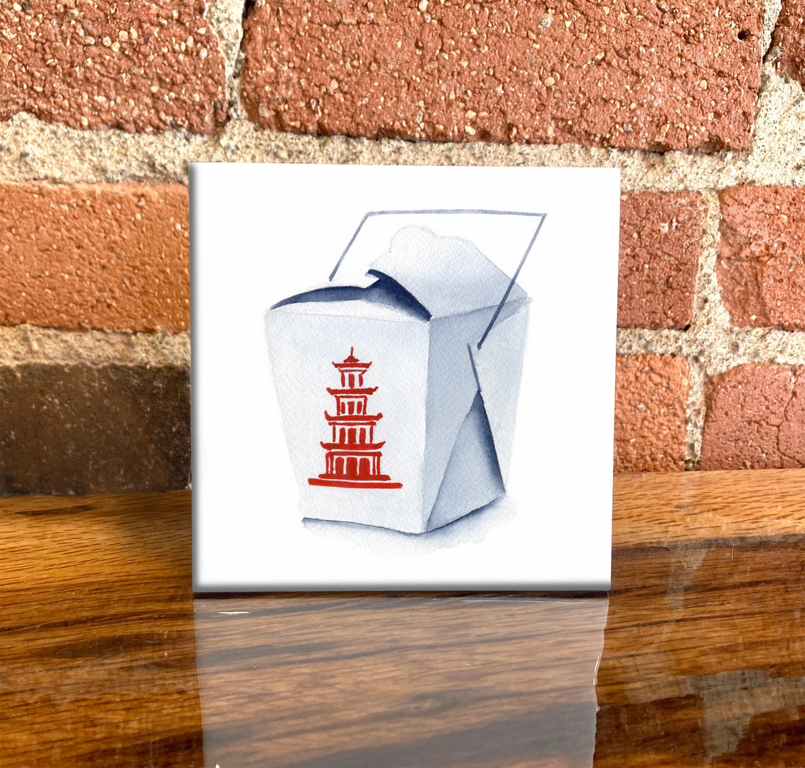 Chinese Takeout Box Watercolor Food Illustration Ceramic Tile Wall Art