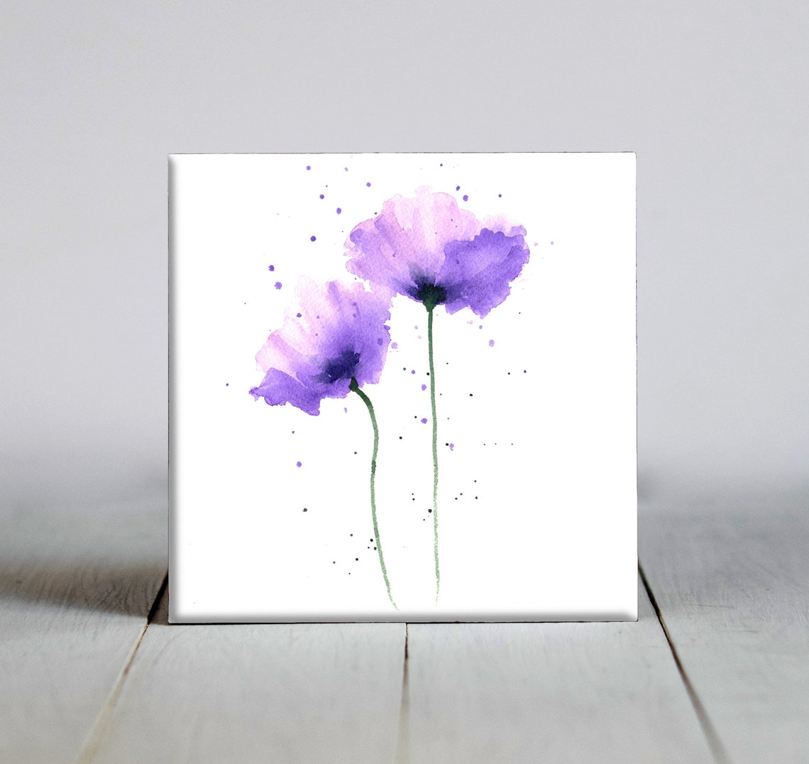 Purple Poppy Pair Watercolor Floral Splash Ceramic Tile Wall Art