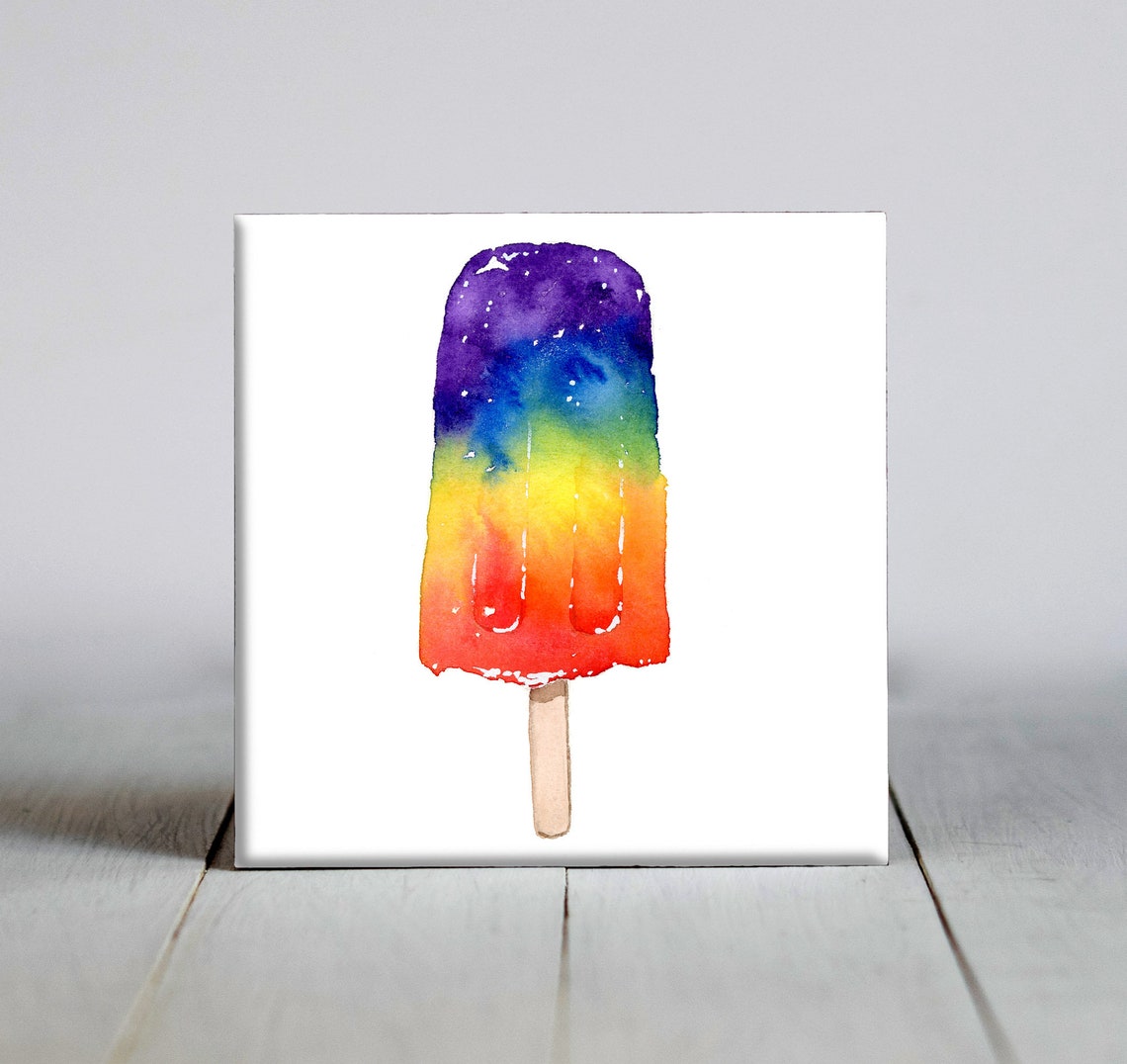 Colorful Rainbow Popsicle Melting Watercolor Summer Treat Tile Poster