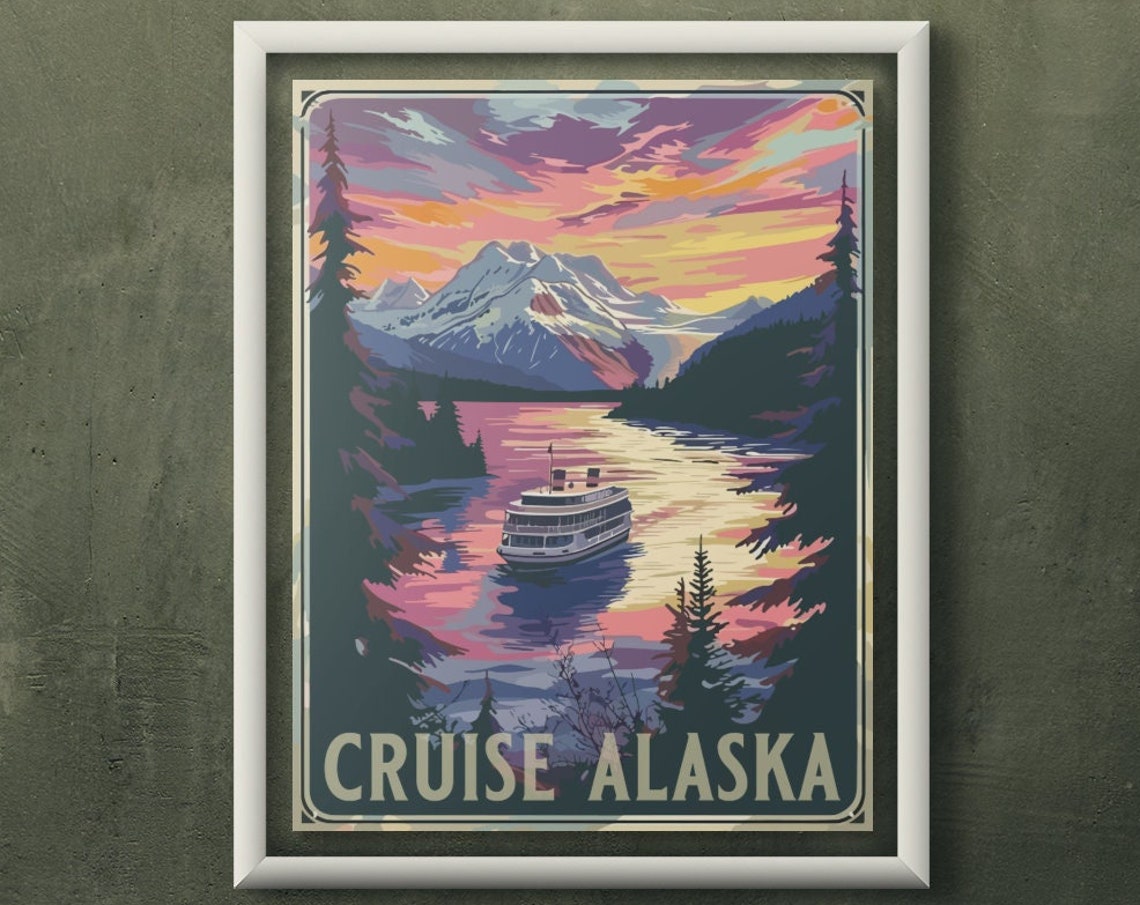 Alaska Cruise Ship Fjords Mountain Sunset Vintage Travel Poster