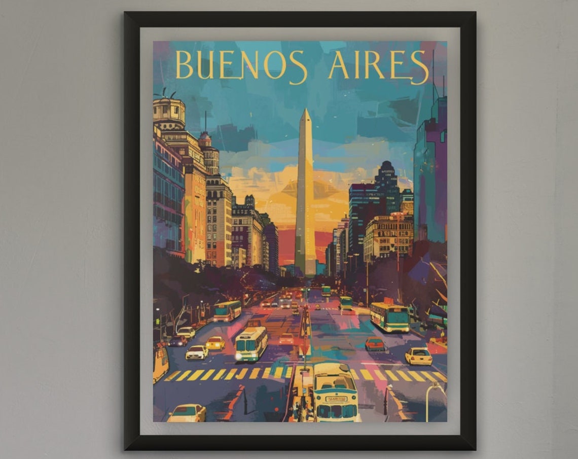 Buenos Aires Obelisk Street Traffic Evening Vintage Travel Poster
