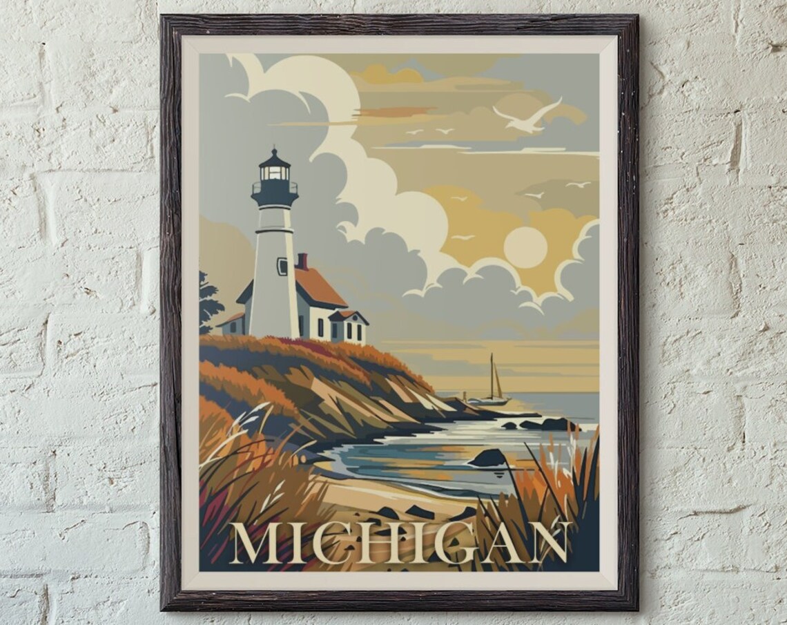 Michigan Lighthouse Rocky Shore Sailboat Sunset Travel Poster