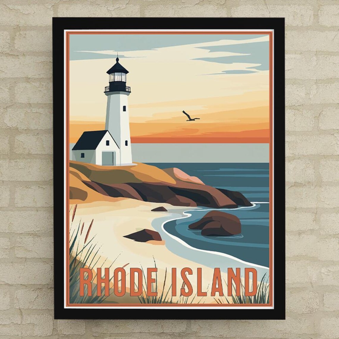 Rhode Island Lighthouse Rocky Coast Sunset Vintage Travel Poster