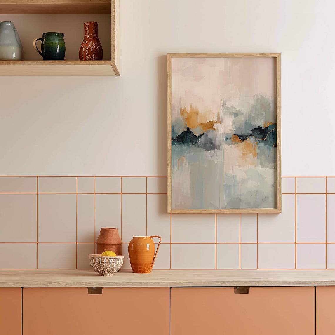 Soft Neutral Abstract Landscape in Blush Ochre and Slate Poster