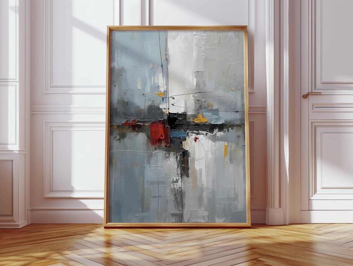 Neutral Gray Abstract Painting With Red and Yellow Accents Poster