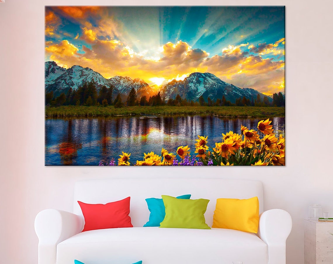 Mountain Lake Sunset Yellow Wildflowers Colorful Nature Poster