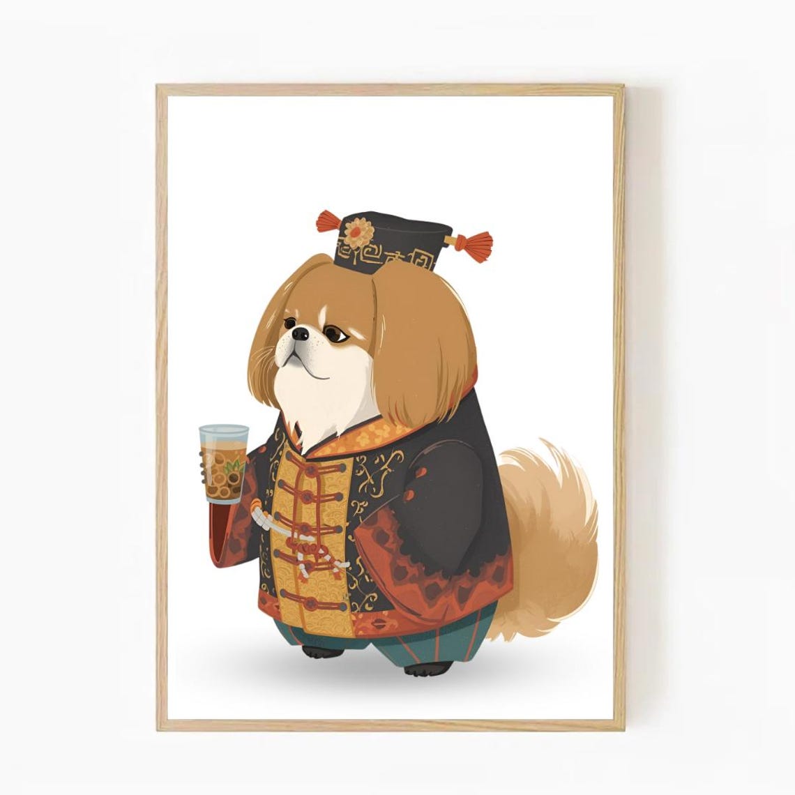 Pekingese Dog in Chinese Costume Cute Imperial Outfit Boba Tea Poster