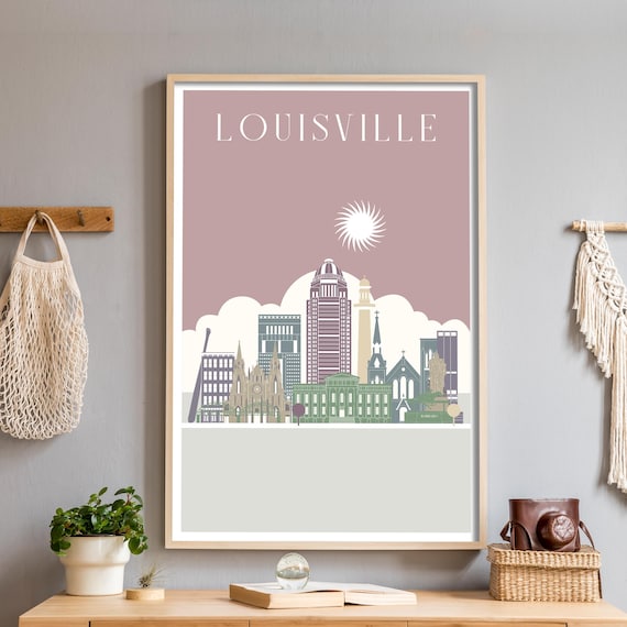 Louisville Kentucky Skyline Poster in Dusty Rose Illustration Art