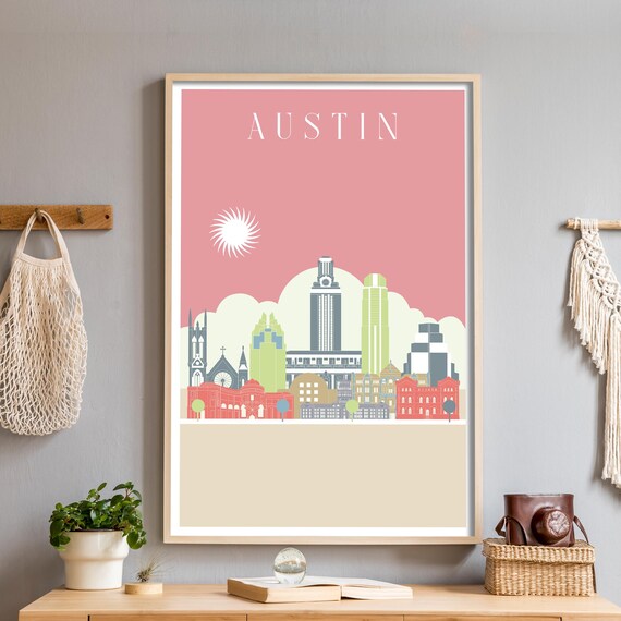 Austin Texas Skyline Poster in Pink with Modern Downtown Illustration