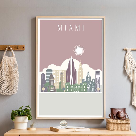 Miami Florida Pastel Downtown Skyline Illustration Travel Poster