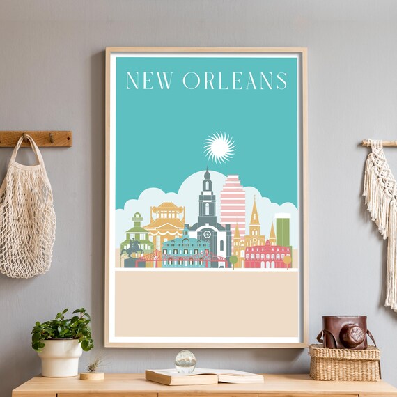 New Orleans Louisiana Illustrated City Skyline Sunset Travel Poster