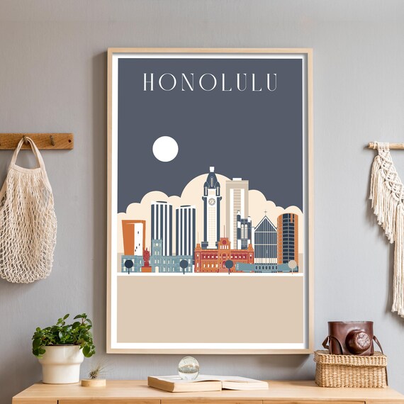 Honolulu Hawaii Dark Navy Skyline Illustrated City Art Poster