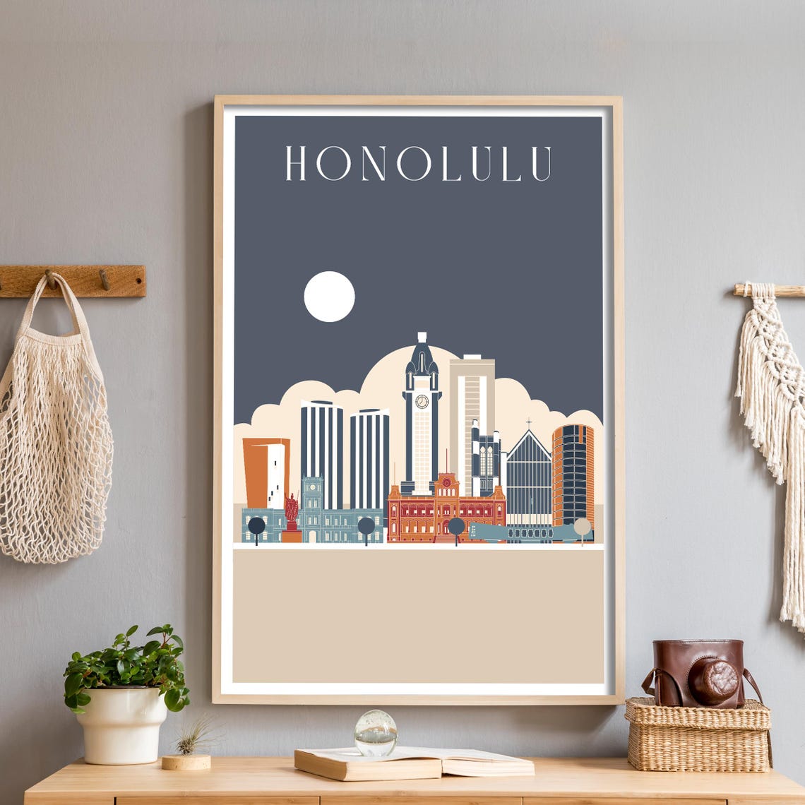 Honolulu Hawaii Dark Navy Skyline Illustrated City Art Poster