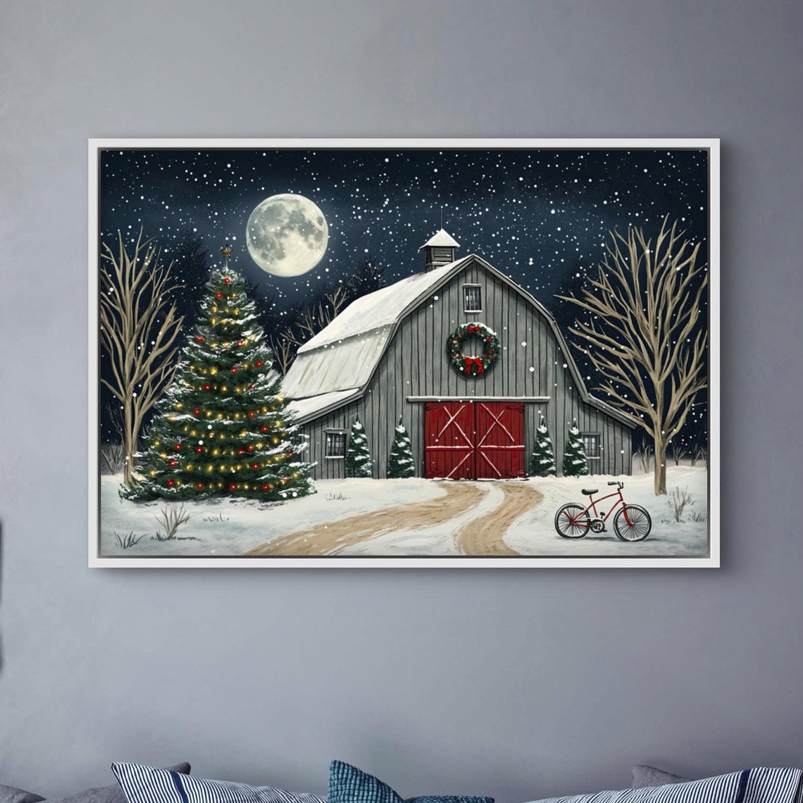 Snowy Christmas Barn Night With Glowing Tree And Festive Wreath Poster