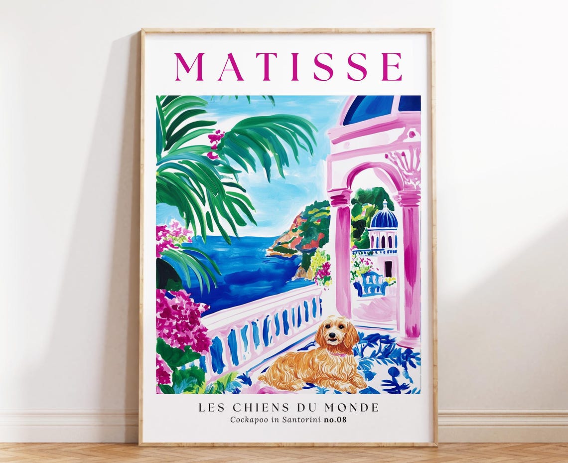 Matisse Style Cockapoo Santorini Blue Dome Terrace Art Poster
