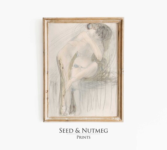 Seated Nude Minimal Line Sketch Vintage Neutral Figure Poster