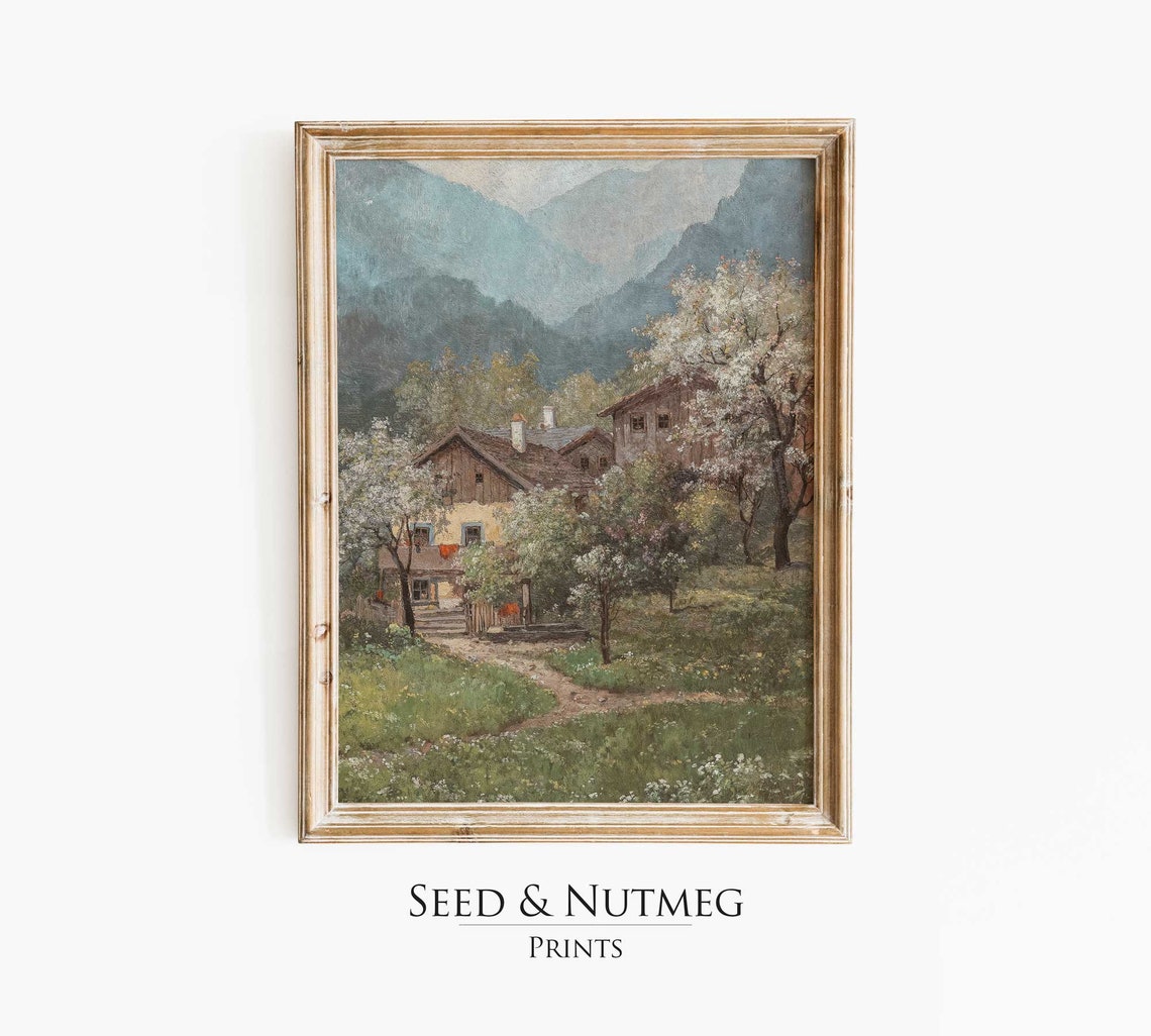 Rustic Alpine Farmhouse Cabin With Blooming Spring Trees Poster
