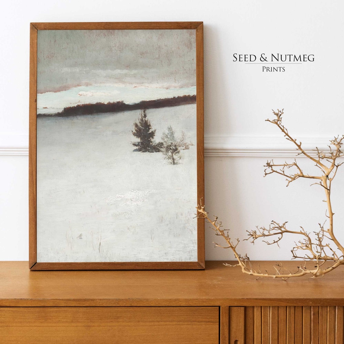 Snowy Field with Pines Under a Grey Sky Minimalist Winter Poster