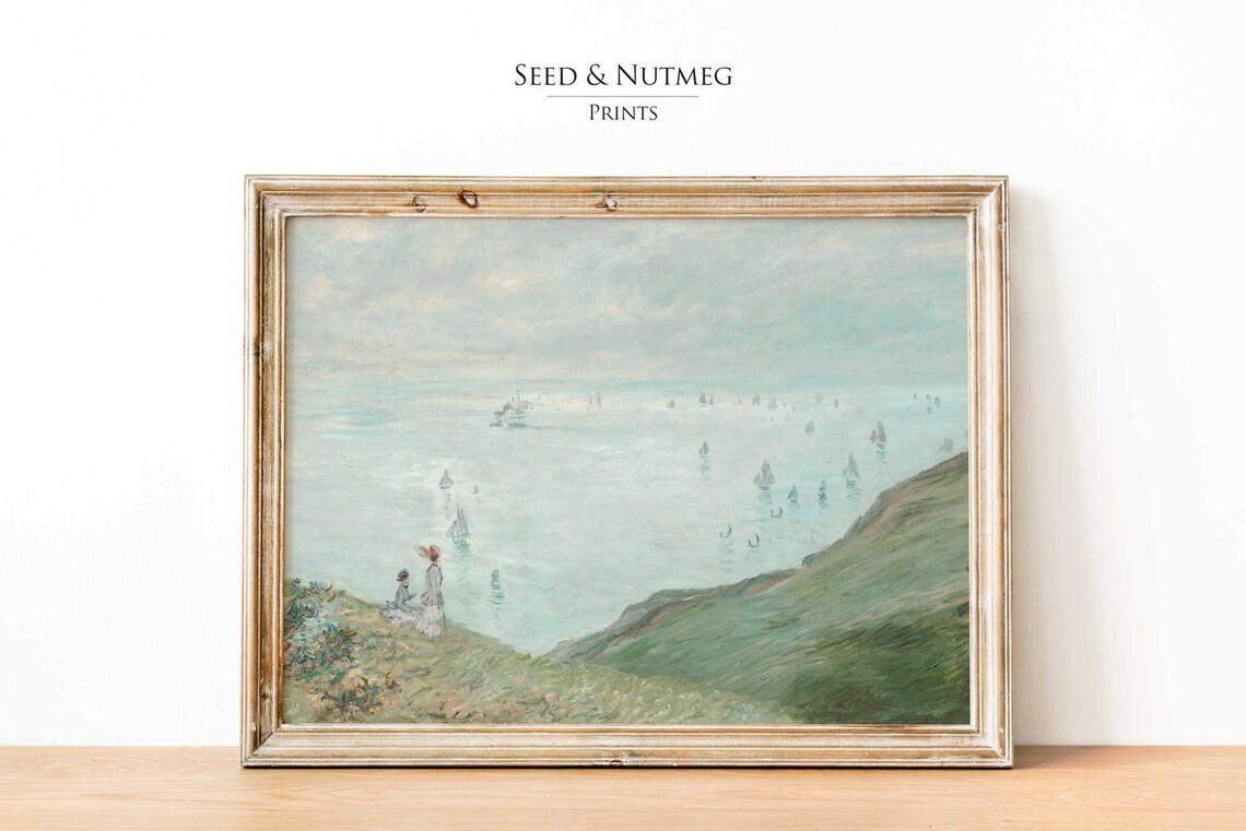 Seaside Sailboats From Coastal Cliffs Impressionist Neutral Seascape Poster