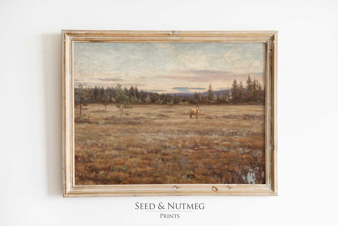 Farmhouse Field Horse Open Prairie Vintage Rustic Landscape Poster