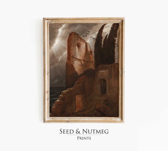 Mystical Ruins Landscape Painting Wall Art Vintage Print Muted Neutral Oil Painting Wall Decor 99