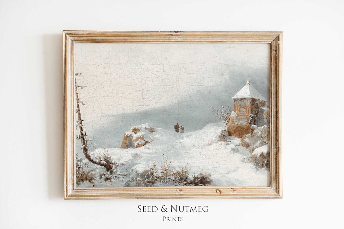 Snowy Mountain Pass Travelers Vintage Winter Painting Poster