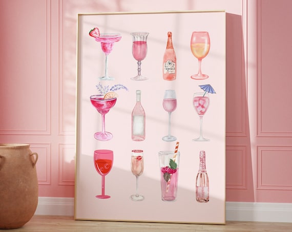 Pretty Pink Watercolor Cocktail Collection Poster for Rose Bar Decor