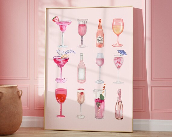 Retro Watercolor Champagne Cocktail Posteraesthetic Girly Bar Cart Artpreppy Pink Posterswine Bottle Cute Girly Poster Champagne Wall Art