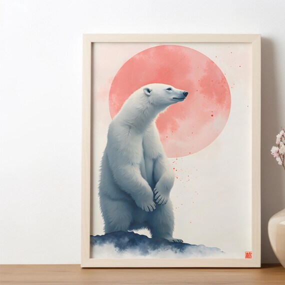 Majestic Polar Bear Standing Before a Glowing Red Sun Poster
