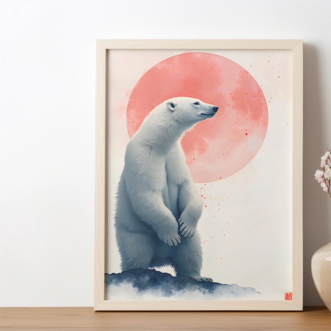 Majestic Polar Bear Standing Before a Glowing Red Sun Poster