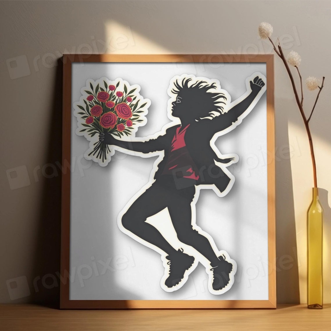 Joyful Silhouette Boy Running with a Bouquet of Red Roses Poster