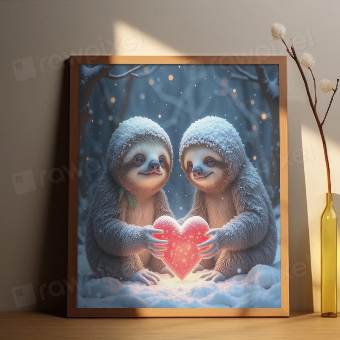 Two Adorable Sloths Holding a Glowing Heart in the Snow Poster
