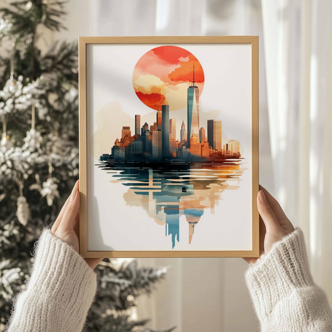 New York City Skyline Watercolor Sunset Sun Manhattan Wall Art Print - Image 3