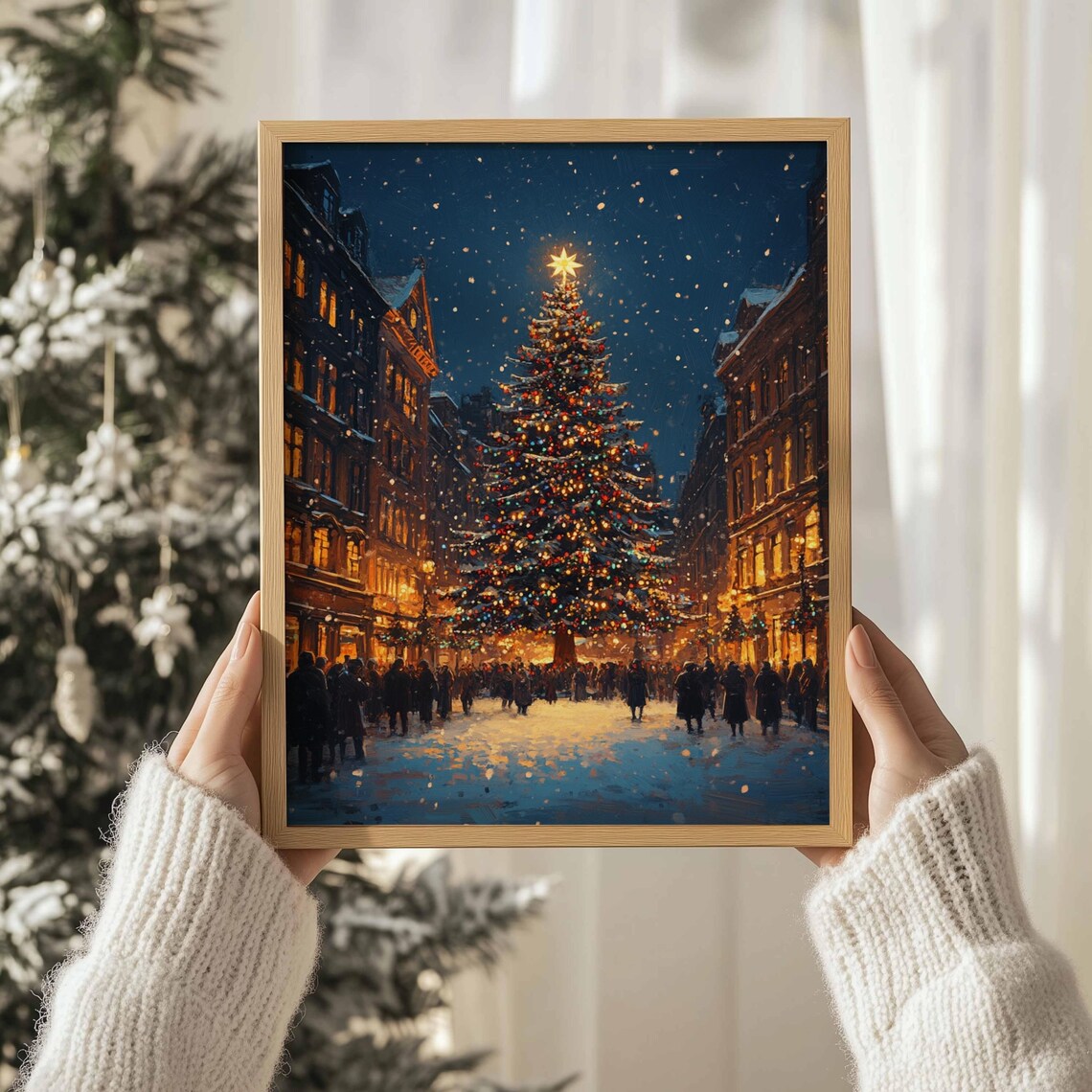 Christmas Village Landscape Painting Moody Christmas Wall Art Vintage Winter Home Decor Farmhouse Christmas Print Instant - Image 3
