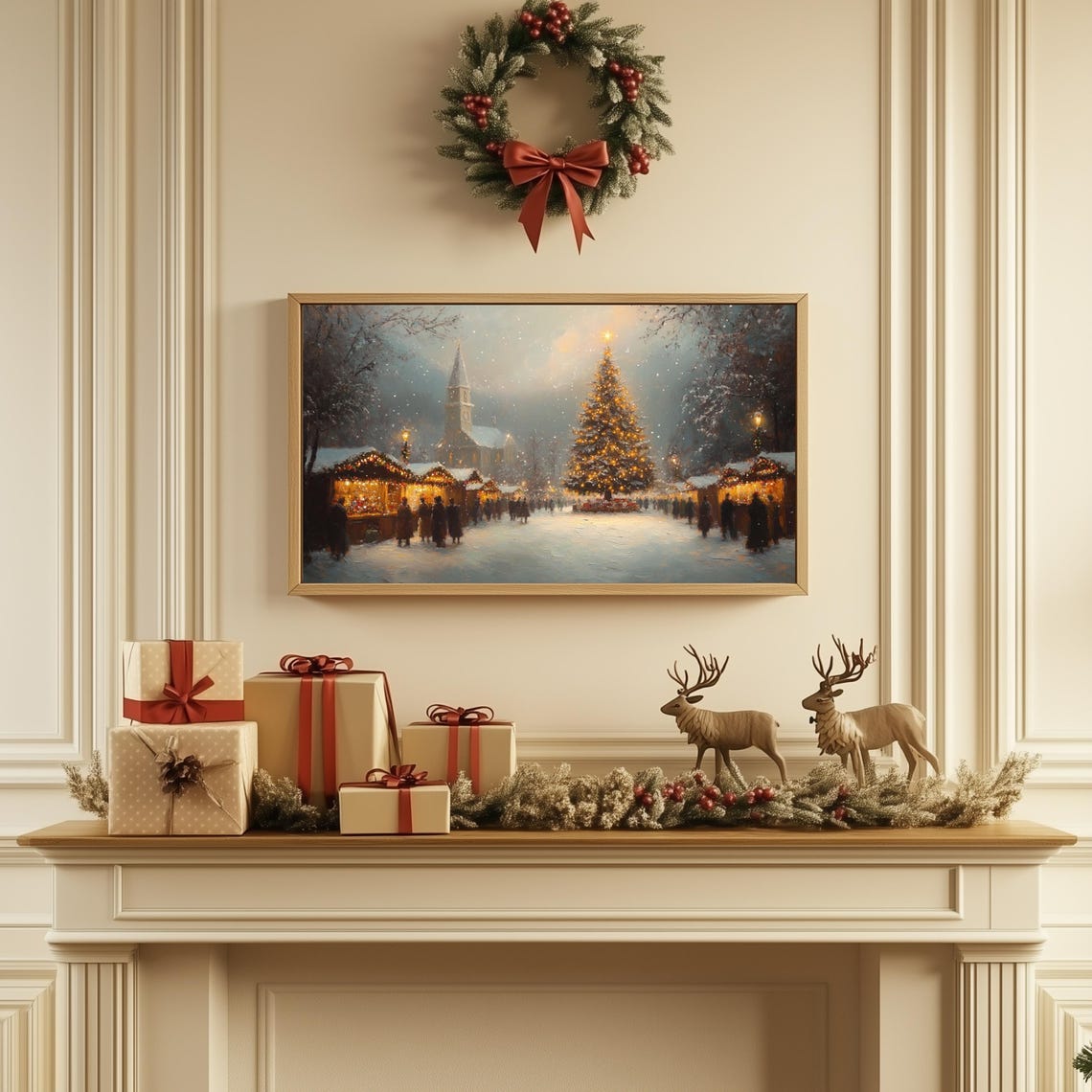 Frame Tv Winter Art Oil Painting Of A Winter Christmas Town Frame Tv Art Classic Christmas Village Tv Art Christmas Frame Tv Art - Image 2