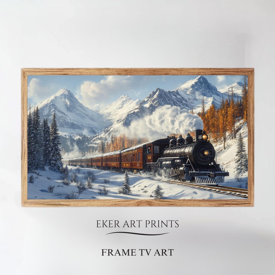 Steam Train Snowy Mountains Golden Larches Wide Winter Art Print