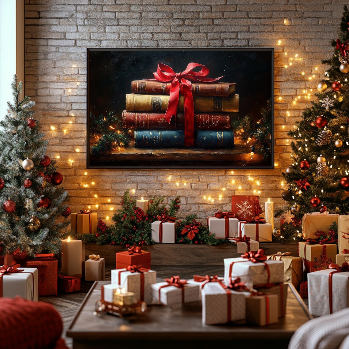 Antique Books Red Ribbon Christmas Garland Cozy Book Lover Art Print - Image 2