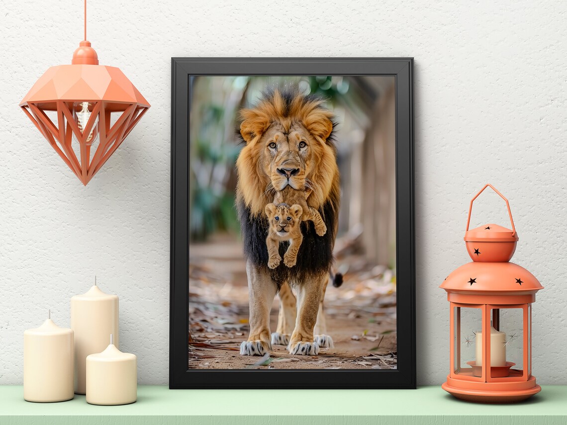 Father Lion Carrying Cub Photo Poster Tender Wildlife Moment Artwork - Image 2