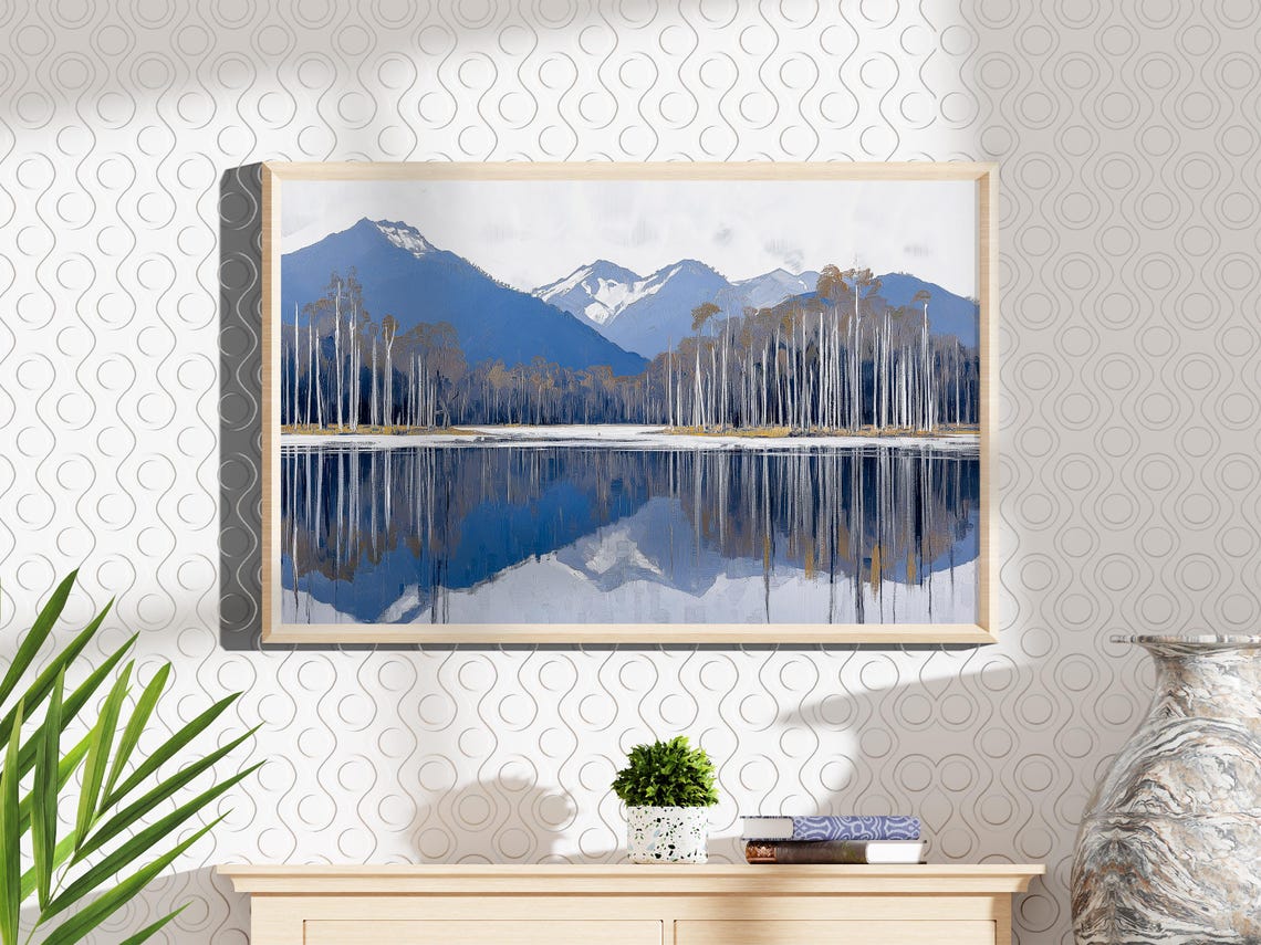 Blue Mountain Lake Reflection Poster Birch Forest Calm Landscape Art - Image 5