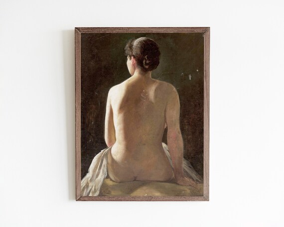Classic Academic Oil Study of a Seated Nude from Behind Art Poster