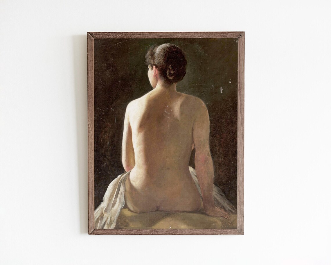 Classic Academic Oil Study of a Seated Nude from Behind Art Poster