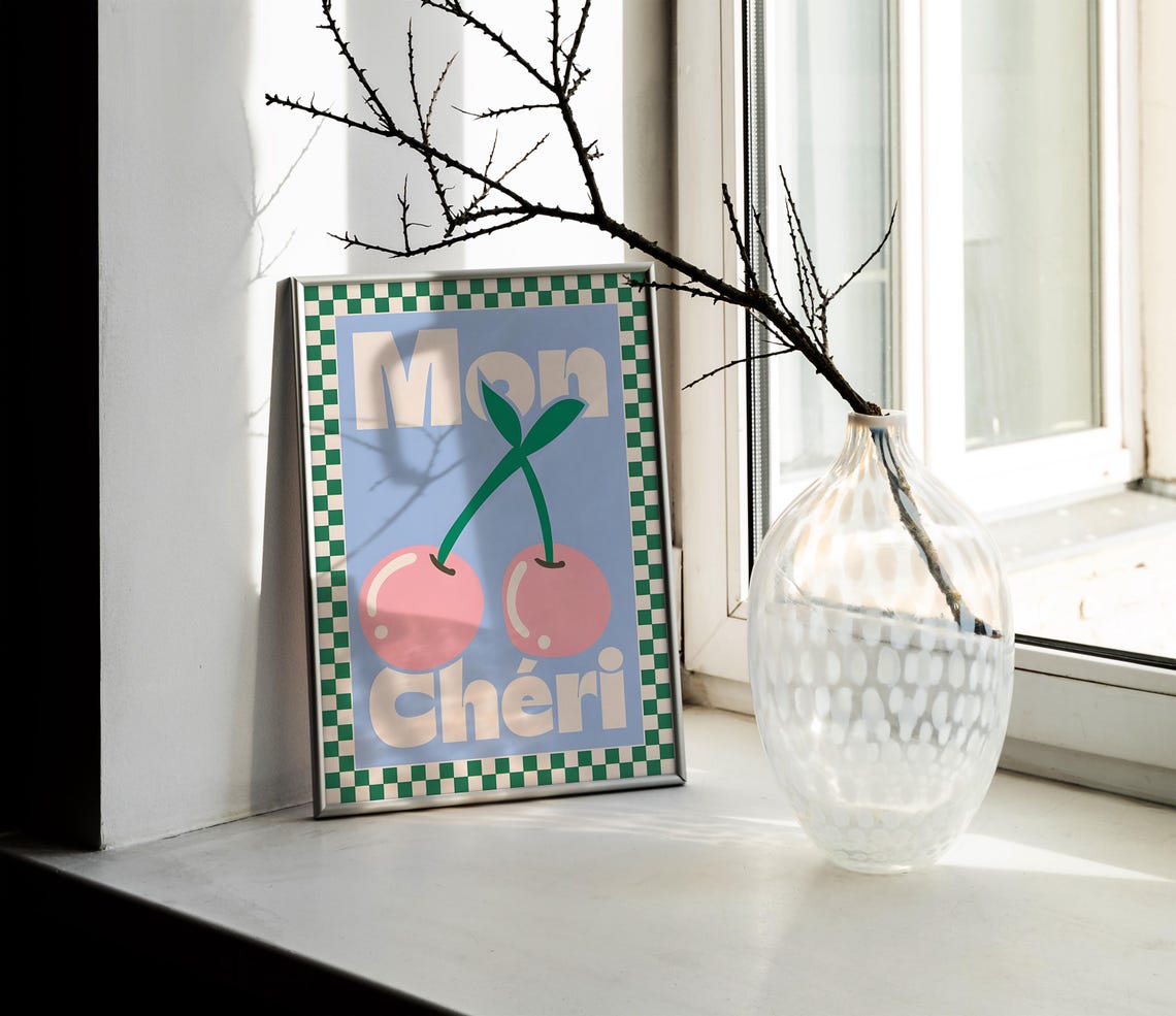 Mon Chéri Big Pink Cherries Blue Retro French Kitchen Poster - Image 2