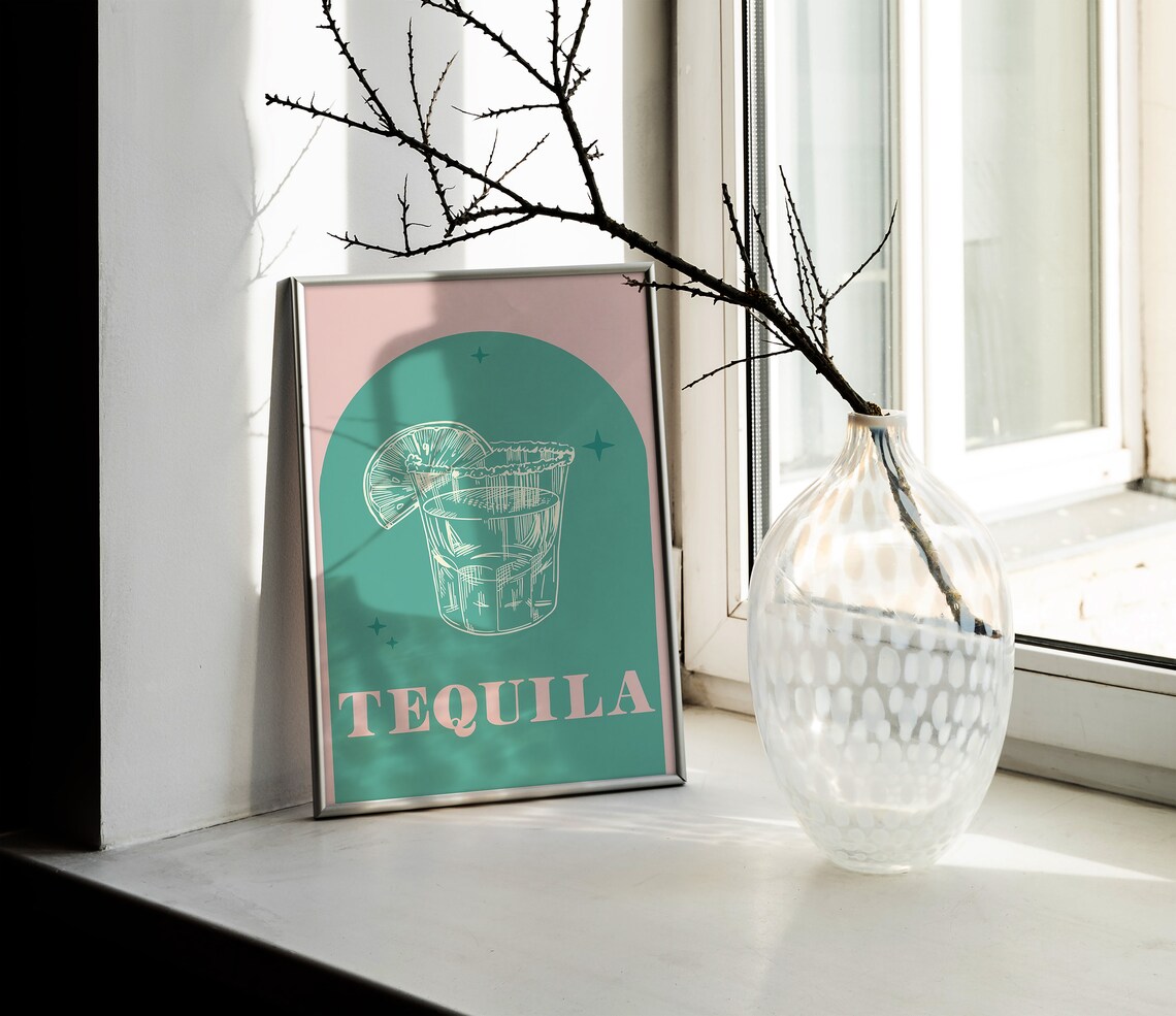 Tequila Salted Shot Glass With Lime White Line Art Bar Poster - Image 2