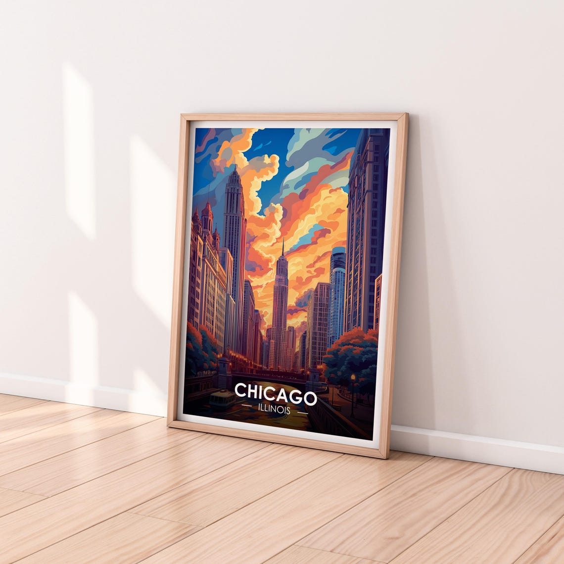 Chicago Illinois River Skyscrapers Sunset Orange Skyline Poster - Image 2